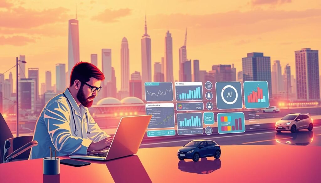 A vibrant, photorealistic illustration depicting concrete examples of artificial intelligence in action. In the foreground, a team of data scientists collaborates on a laptop, analyzing complex charts and graphs. In the middle ground, a series of AI-powered applications are showcased, such as a virtual assistant, a predictive analytics dashboard, and an automated content generation tool. The background features a futuristic cityscape, with skyscrapers and autonomous vehicles, hinting at the broader impact of these AI technologies. The scene is illuminated by warm, directional lighting, creating a sense of depth and dynamism. The overall mood is one of innovation, productivity, and the seamless integration of AI into various facets of modern life.