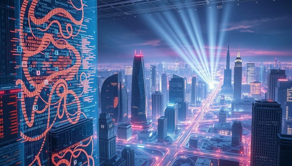 A vibrant, technologically advanced digital landscape filled with intricate algorithms, neural networks, and artificial intelligence systems. In the foreground, a towering holographic visualization of a complex algorithm, its intricate code and data flows pulsing with energy. In the middle ground, an array of sleek, futuristic terminals and displays showcasing the latest AI-powered applications and insights. In the background, a vast cityscape of gleaming skyscrapers and interconnected infrastructure, all powered by the cutting-edge intelligent technologies that drive modern innovation. Lighting is dramatic, with beams of holographic light piercing the urban environment. The overall atmosphere conveys a sense of dynamism, innovation, and the boundless potential of artificial intelligence.