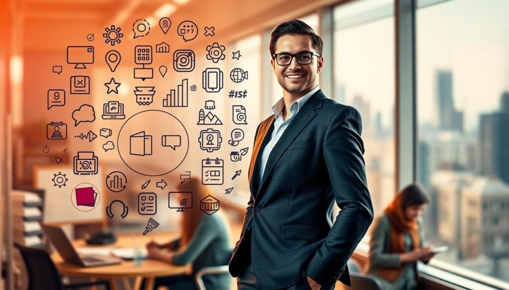A vibrant, visually striking image showcasing the essential non-technical skills of a freelance professional. In the foreground, a confident individual stands tall, exuding poise and presence. Surrounding them, a collage of icons and symbols representing communication, collaboration, problem-solving, and creativity. In the middle ground, a bustling workspace with a laptop, notepad, and thoughtful expressions, highlighting the intellectual and interpersonal aspects of the freelance lifestyle. The background features a soft, blurred cityscape, conveying a sense of urban energy and opportunity. Warm, natural lighting illuminates the scene, creating a sense of professionalism and expertise. The overall atmosphere is one of dynamism, adaptability, and the multifaceted nature of successful freelance work.