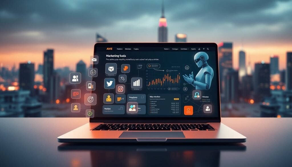 A visually engaging illustration of an AI-powered marketing tools integration on a website. In the foreground, a sleek laptop displays various marketing app icons seamlessly blended into the web design. In the middle ground, virtual assistants powered by AI examine data analytics, while in the background, a cityscape sets the scene, conveying the dynamic and technologically advanced nature of the marketing ecosystem. The lighting is soft and warm, creating a sense of professionalism and innovation. The overall mood is one of efficiency, synergy, and the transformative potential of AI-driven marketing solutions.