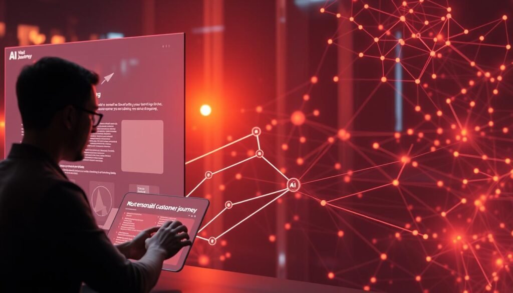 A visually striking image of a personalized customer journey powered by AI. In the foreground, a user interacts with a sleek, minimalist web interface, their movements and interactions seamlessly tracked and analyzed by an advanced AI system. The middle ground depicts a series of branching pathways, each tailored to the user's unique preferences and behaviors, guiding them towards their desired outcomes. In the background, a network of interconnected data nodes and algorithms hum with activity, the invisible engines driving a seamless, immersive user experience. The scene is bathed in a warm, futuristic glow, conveying a sense of technological sophistication and human-centric design. The overall mood is one of effortless personalization, where the user is at the center of a dynamic, AI-powered ecosystem. A visually striking image of a personalized customer journey powered by AI. In the foreground, a user interacts with a sleek, minimalist web interface, their movements and interactions seamlessly tracked and analyzed by an advanced AI system. The middle ground depicts a series of branching pathways, each tailored to the user's unique preferences and behaviors, guiding them towards their desired outcomes. In the background, a network of interconnected data nodes and algorithms hum with activity, the invisible engines driving a seamless, immersive user experience. The scene is bathed in a warm, futuristic glow, conveying a sense of technological sophistication and human-centric design. The overall mood is one of effortless personalization, where the user is at the center of a dynamic, AI-powered ecosystem.