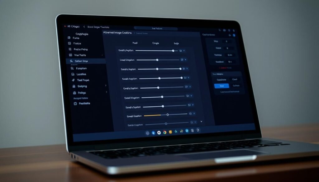 Detailed advanced image creation settings panel displayed on a modern laptop screen, featuring an intuitive user interface with sliders, toggles, and customization options. The screen is well-lit with soft, diffused lighting, casting subtle shadows and highlights to accentuate the depth and texture of the settings interface. The background is slightly blurred, creating a sense of depth and focus on the central panel. The overall mood is one of technical sophistication and creative control, inviting the user to explore the full potential of the image generation capabilities.