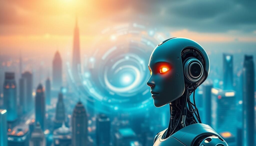 Tendances intelligence artificielle : a captivating illustration showcasing the future of AI. In the foreground, a sleek android figure with a thoughtful expression, its circuits aglow, symbolizing the ever-advancing capabilities of artificial intelligence. In the middle ground, a swirling vortex of data streams, representing the vast and ever-expanding knowledge that AI systems can process. In the background, a futuristic cityscape, its skyscrapers and infrastructure imbued with the subtle integration of AI-powered technologies. The lighting is a harmonious blend of cool blues and warm yellows, creating an atmosphere of technological progress and innovation. Captured through a wide-angle lens, the composition conveys a sense of awe and wonder at the transformative potential of artificial intelligence.