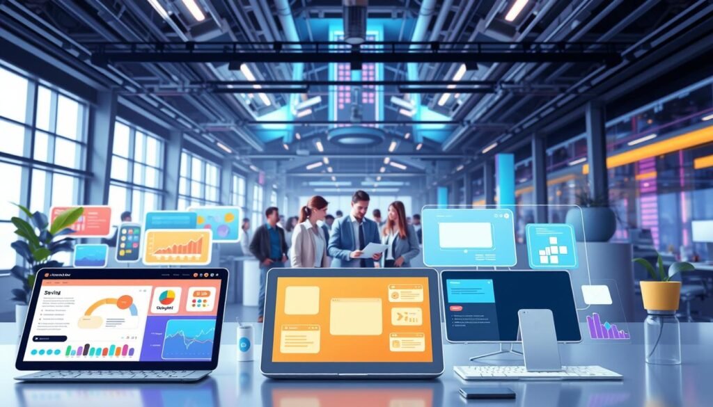 a beautiful digital illustration of intuitive no-code platforms, showcasing a clean and modern user interface with colorful graphical elements. In the foreground, there are various interactive components such as drag-and-drop interfaces, visual programming tools, and pre-built templates. The middle ground features a group of diverse users, from business professionals to creative individuals, collaborating seamlessly on their projects. The background depicts a technology-rich environment with futuristic architectural elements, conveying a sense of innovation and progress. The lighting is soft and diffused, creating a calm and inviting atmosphere that emphasizes the ease and accessibility of these no-code solutions. The entire scene is rendered in a vibrant, eye-catching style that highlights the power and potential of these platforms to empower users without the need for complex coding skills.